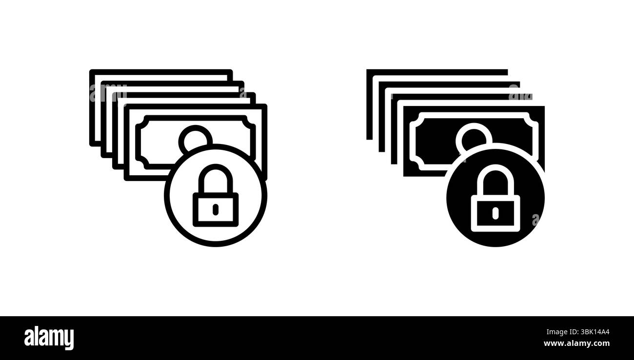Secure icon set with locked bills stack representing protected financial data and privacy Stock Vector