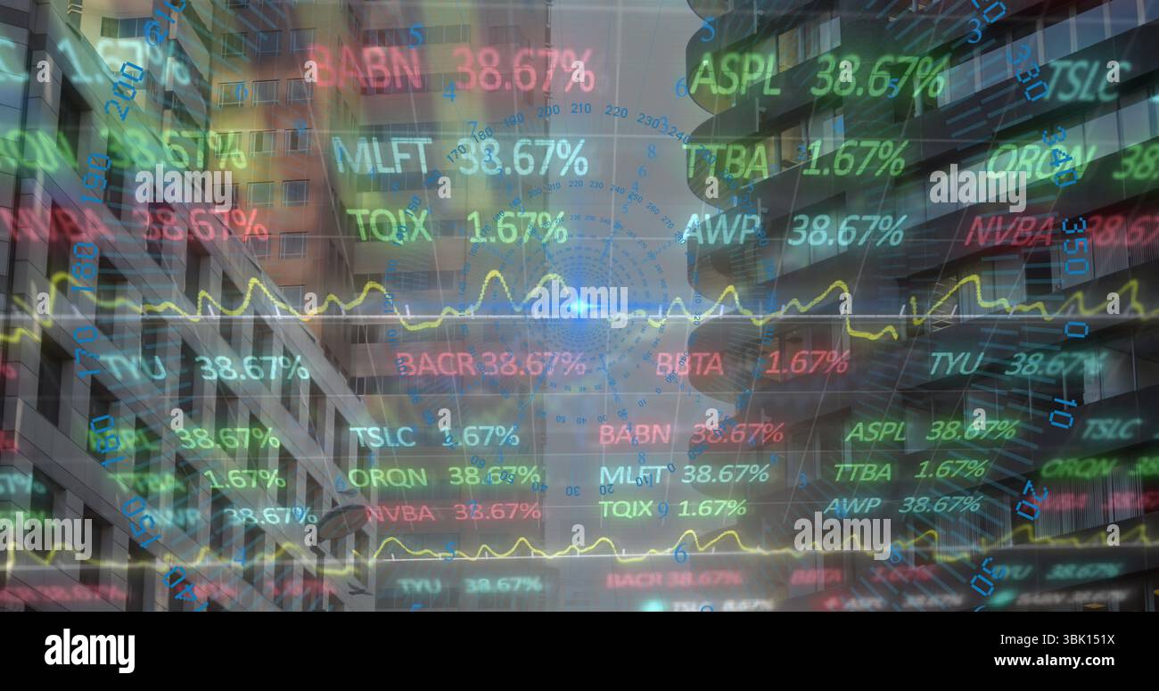 Floating holographic stock tickers and line charts rising over downtown ...