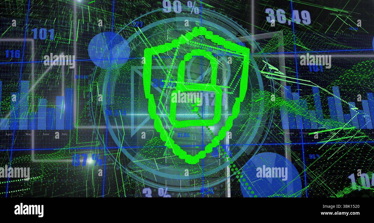 Green pixelated shield with padlock icon securing data in dashboard ...
