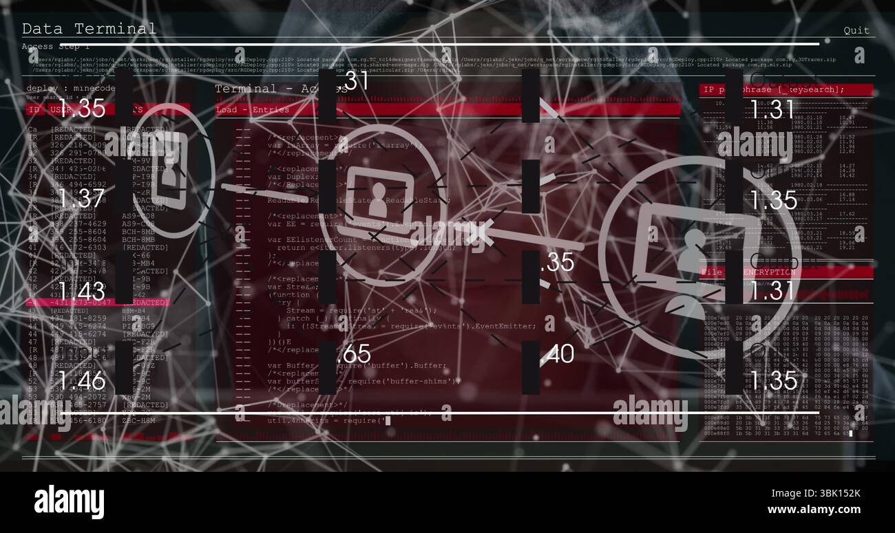Displaying terminal interface featuring code on screen with network nodes, user icons with metrics Stock Photo