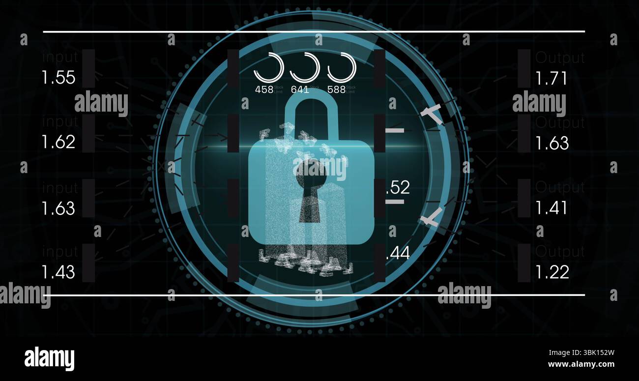 Hovering padlock icon over security dashboard, with concentric HUD rings and data gauges Stock Photo