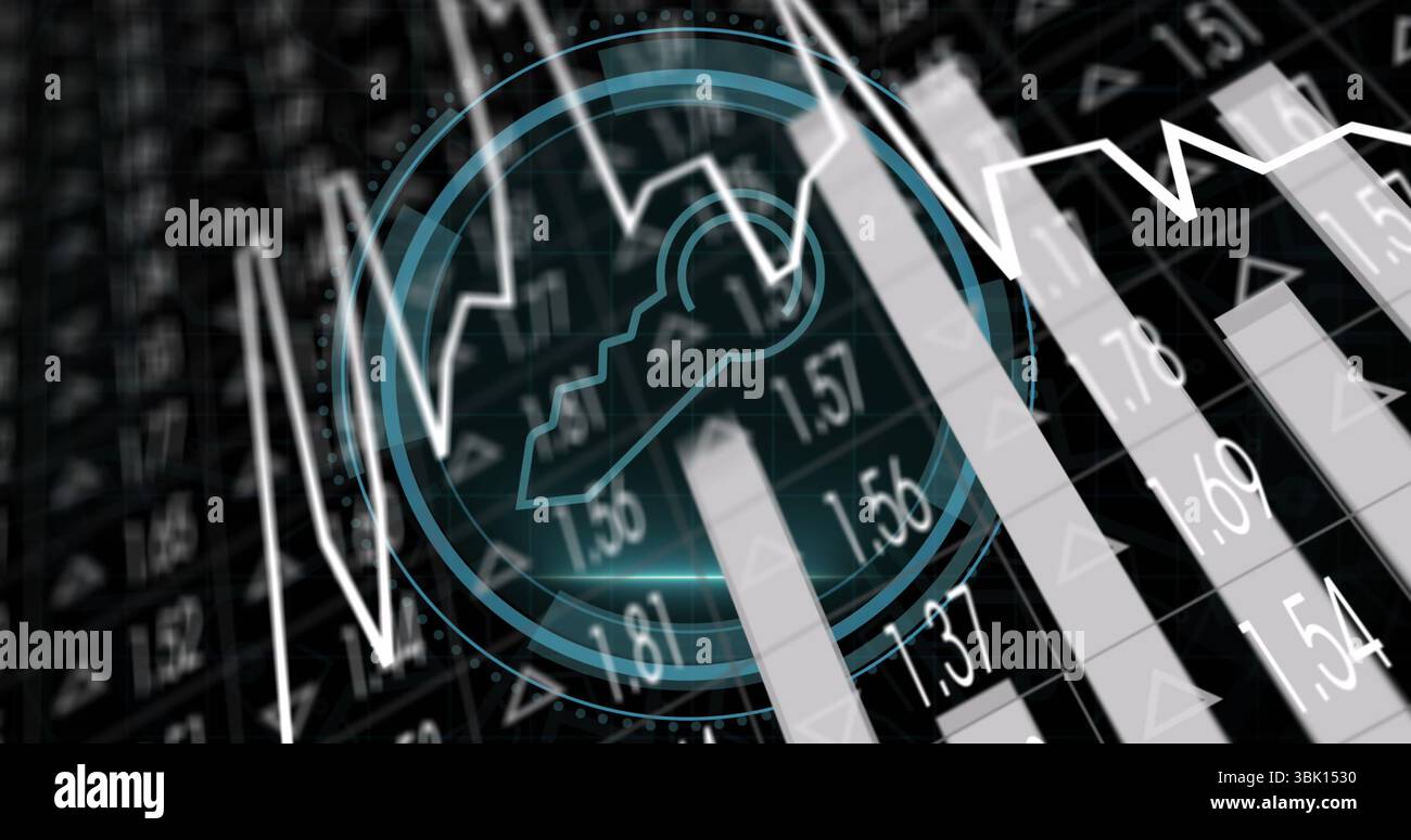 Displaying turquoise padlock icon securing data on financial interface with bar and line chart data Stock Photo