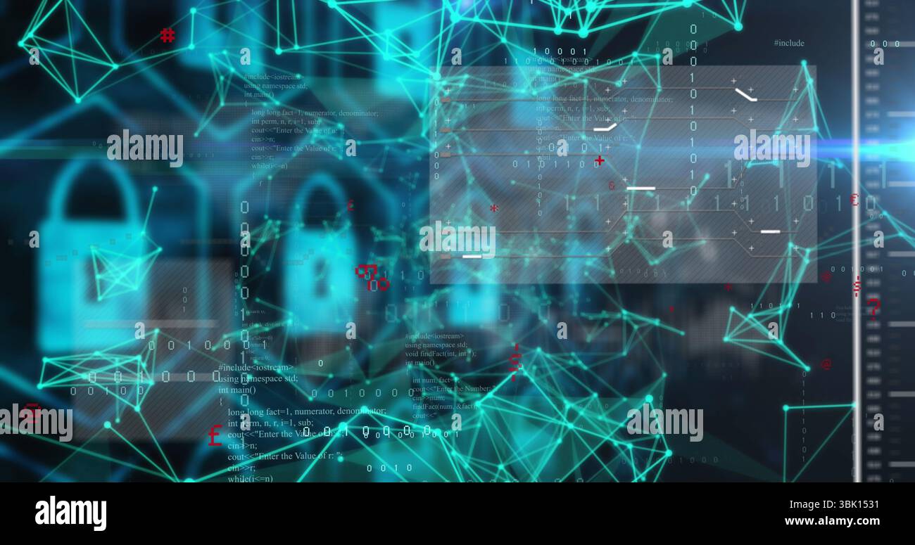 Displaying padlock entwining network nodes at cybersecurity dashboard, with floating code panels Stock Photo