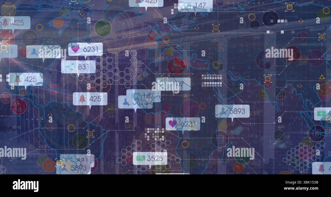 Displaying world map with hex grid and numeric badges across city ...