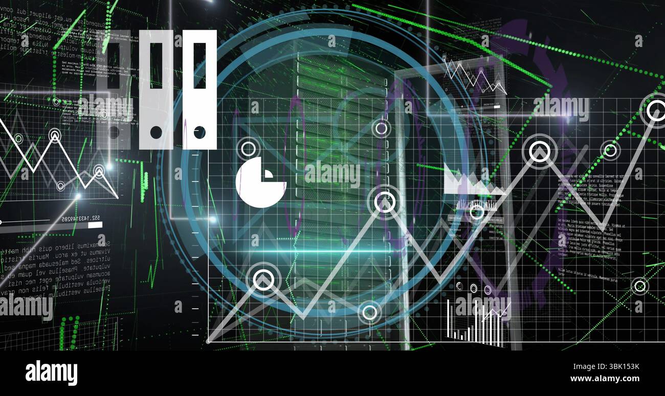 Displaying line graph overlay on server rack, with circular markers, HUD circles and code overlays Stock Photo