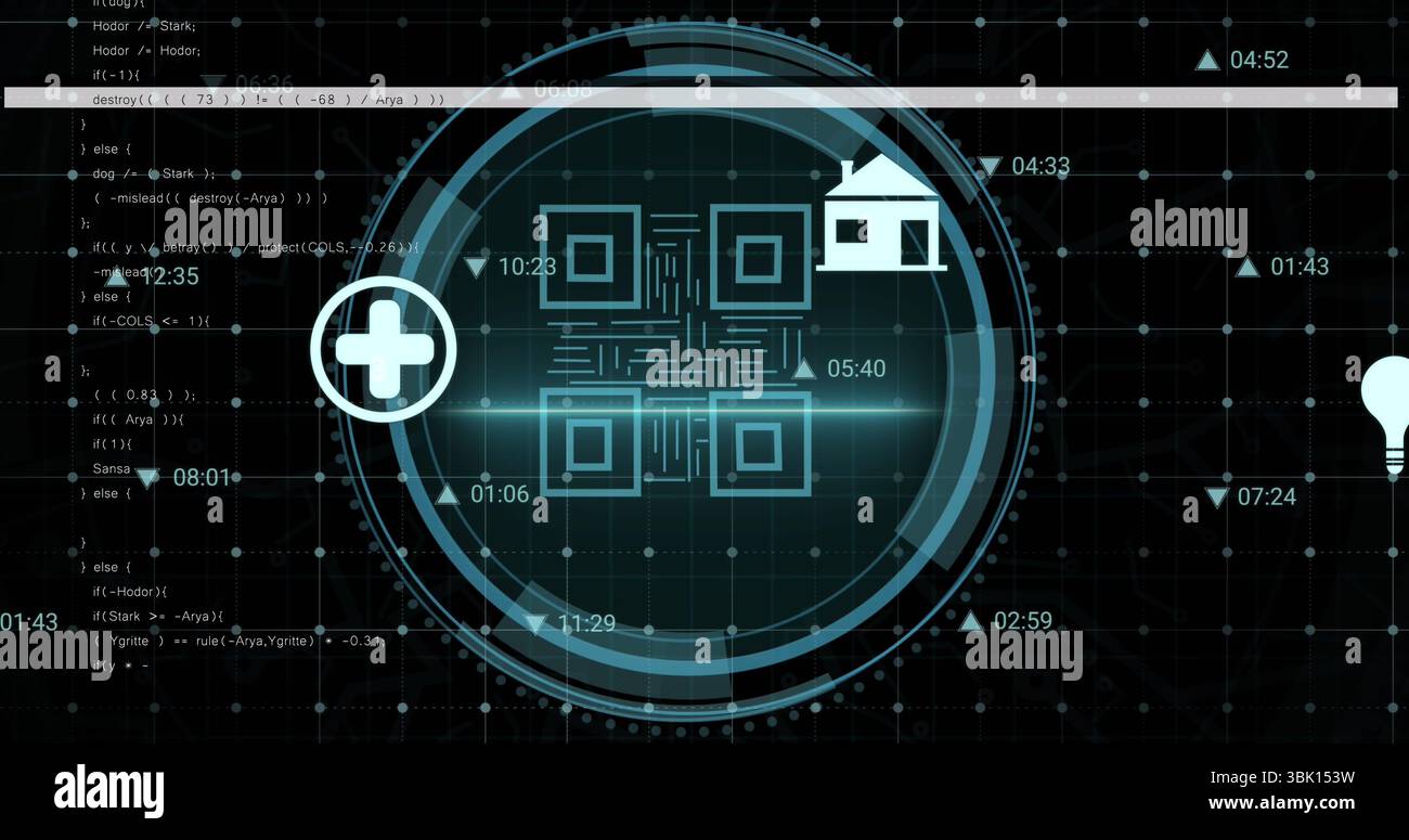 Displaying HUD overlay and scrolling code text on futuristic interface ...