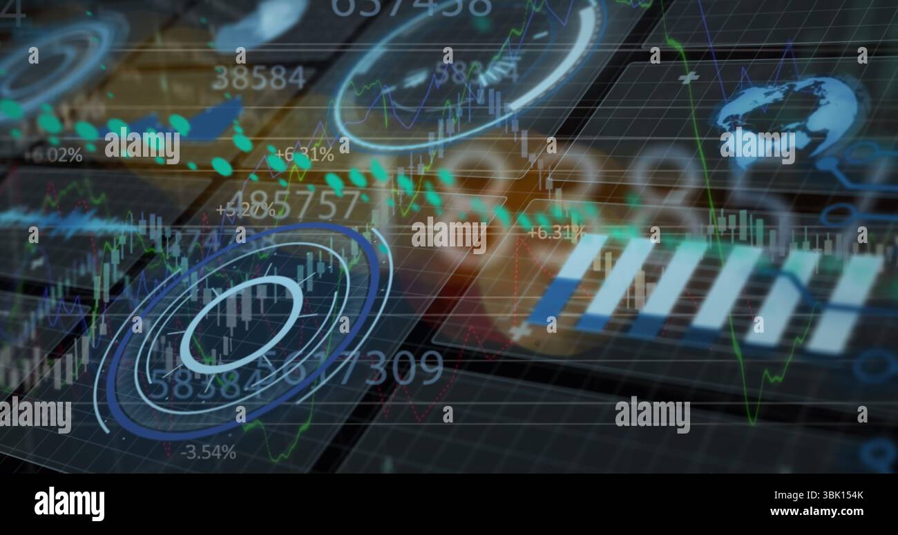 Displaying large concentric chart over futuristic interface, with glowing nodes and numeric labels Stock Photo