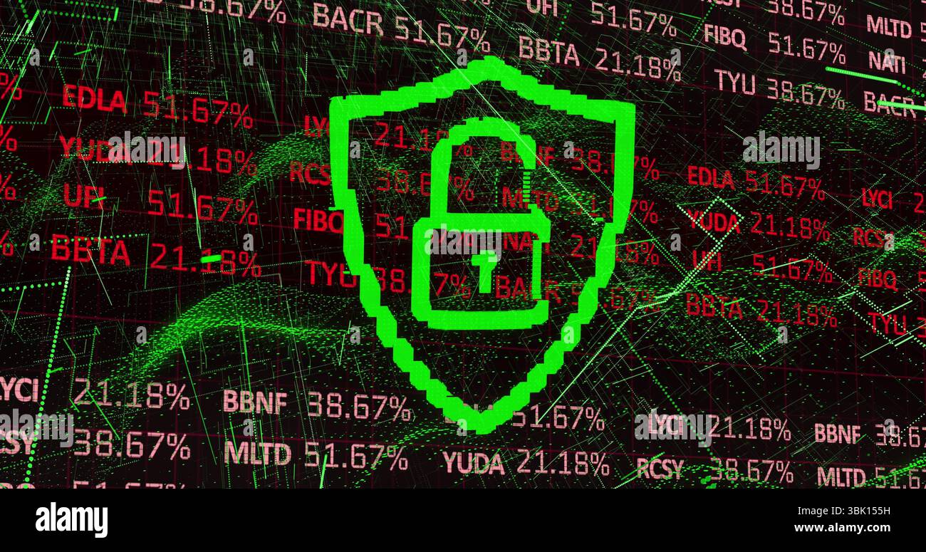 Showing neon green pixelated shield with open padlock icon on dashboard ...