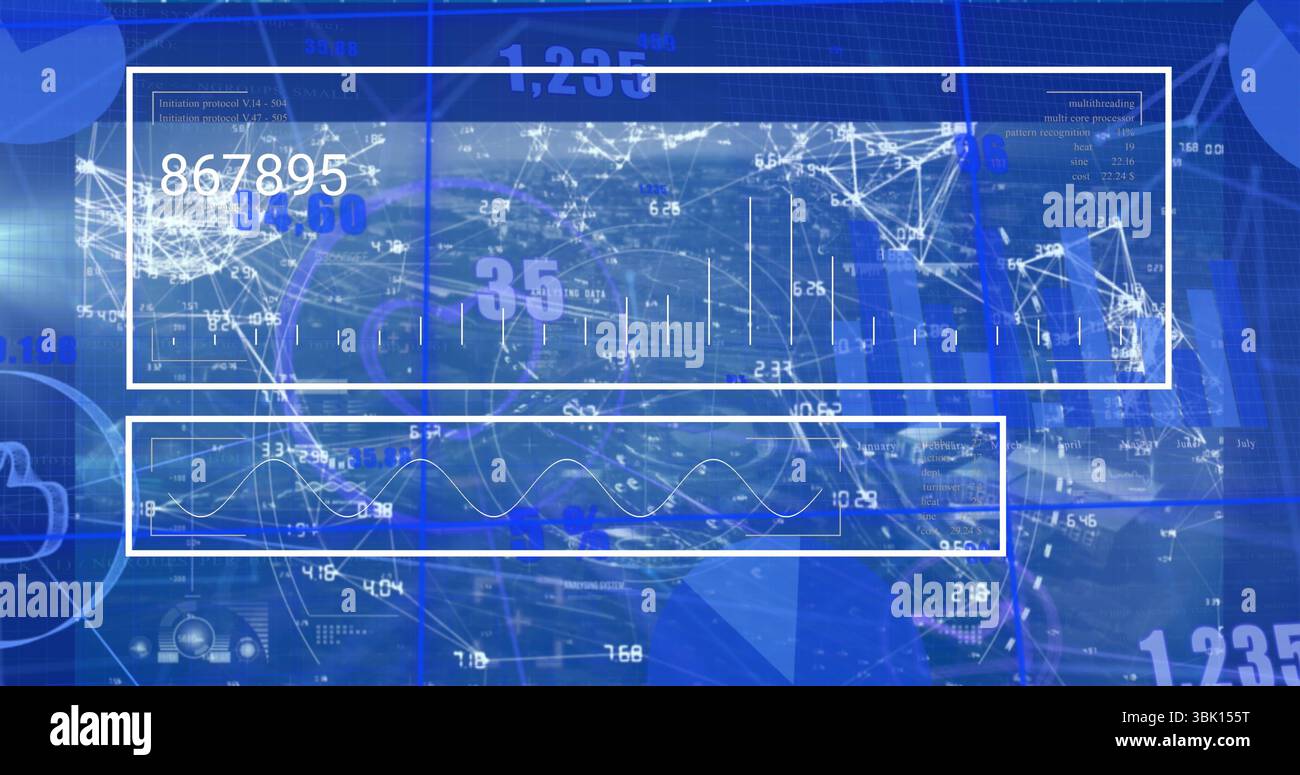 Displaying two white-outlined data panels in dashboard, with network node diagram and line graph Stock Photo