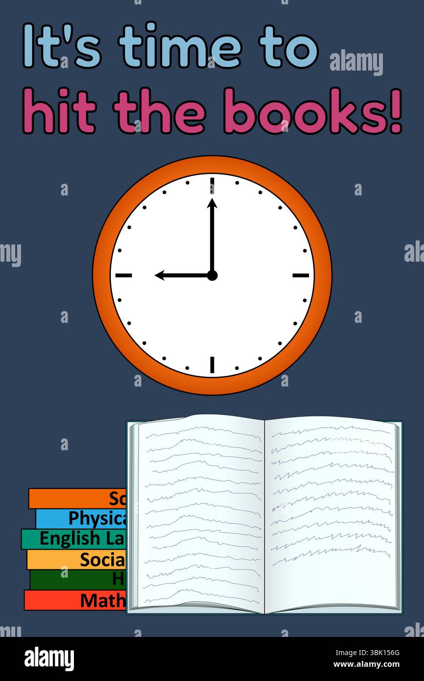 Back to school motivation poster with books, wall clock and quote It is time to hit the books. For educational materials, website, promotional banner, Stock Vector