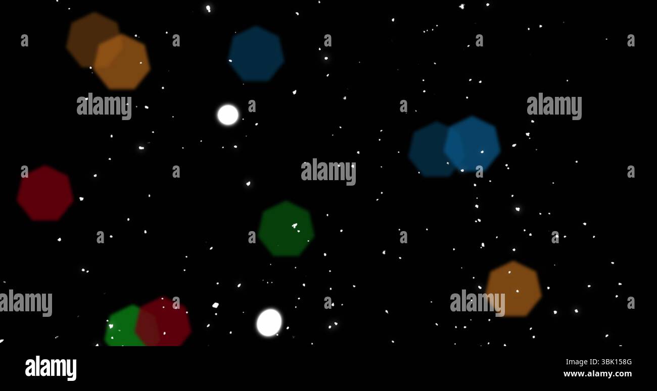 Floating translucent multicolored hexagonal lights over abstract dark field with star speckles Stock Photo