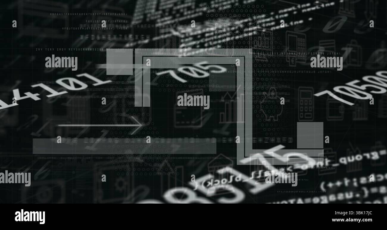 Showing angular flow line overlaying dashboard with binary digits, code fragments, panels and icons Stock Photo