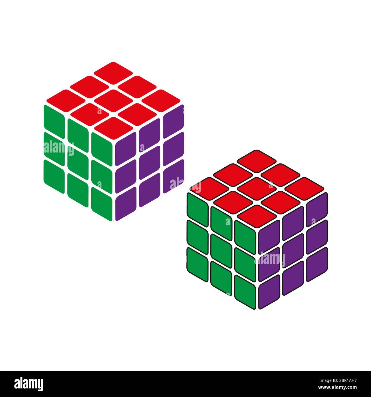 Rubik cube icon. Puzzle block shape. Isometric colorful figure. Vector geometric object. Stock Vector