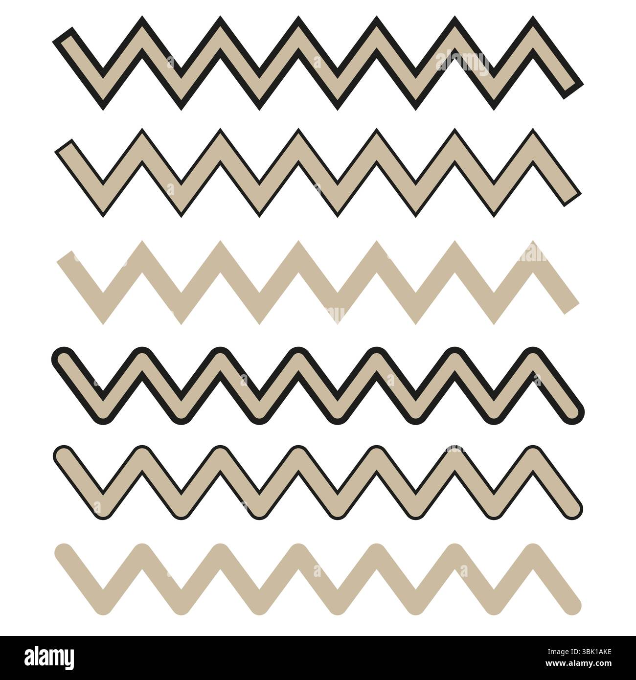 Zigzag line patterns. Decorative sharp shapes. Beige black curves. Vector design elements. Stock Vector