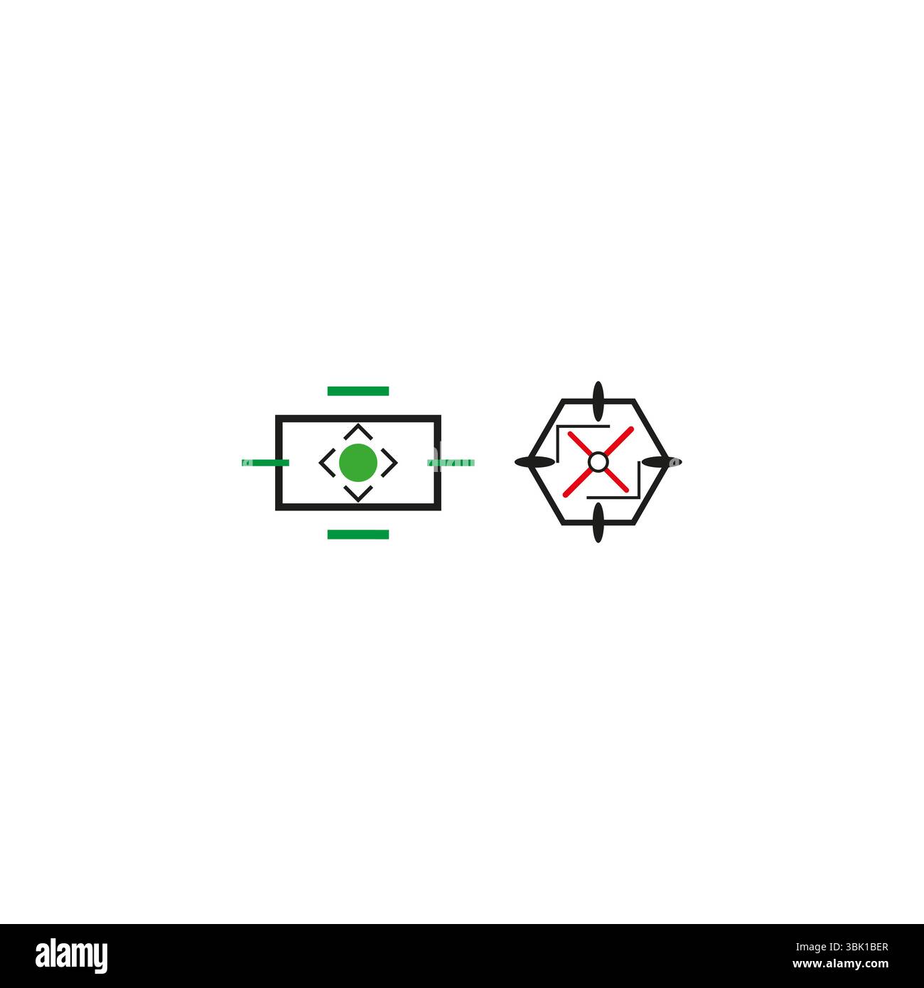 Crosshair vector icon. Green square focus. Hexagon target symbol. Red ...