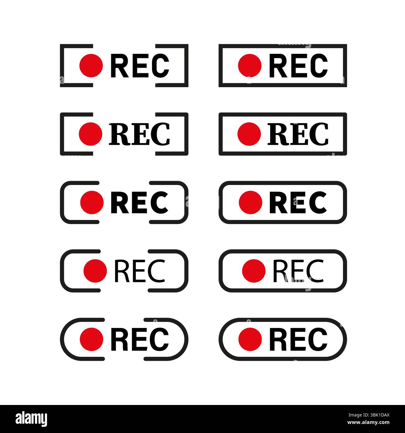 Red REC buttons. Record symbol set. Video capture icons. Vector label shapes. Stock Vector
