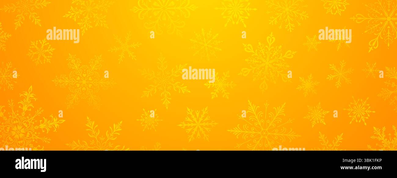 A vibrant Christmas illustration featuring various intricate snowflakes of varying sizes and designs, in yellow tones. Stock Vector