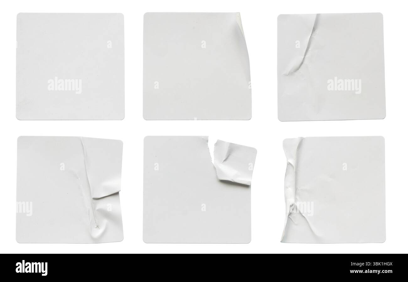 Set of Six Isolated White Square Stickers Stock Photo