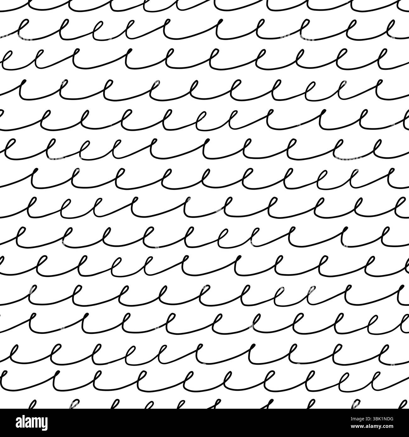 Seamless hand-drawn pattern of looping wave-like black lines on a white ...