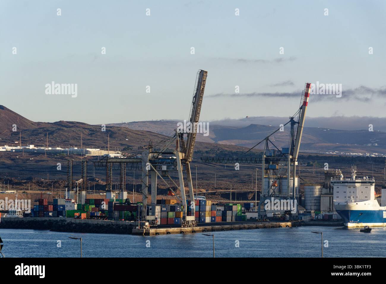 Arrecife, Lanzarote - Sea container depot in the harbor. Two gantry ...