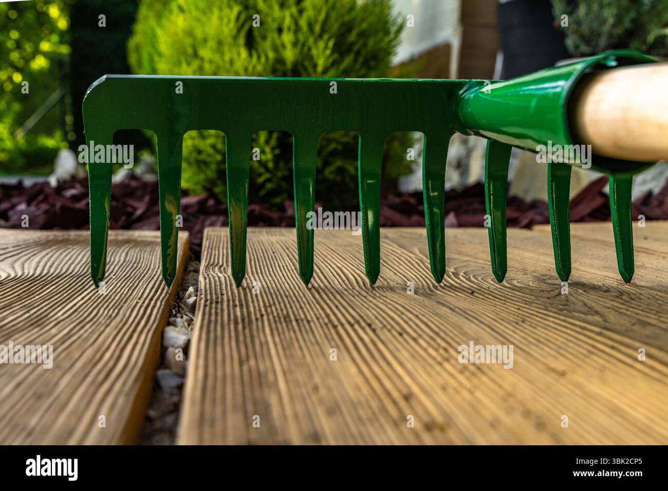 New green rakes for raking leaves on the plot placed on the tiles in ...