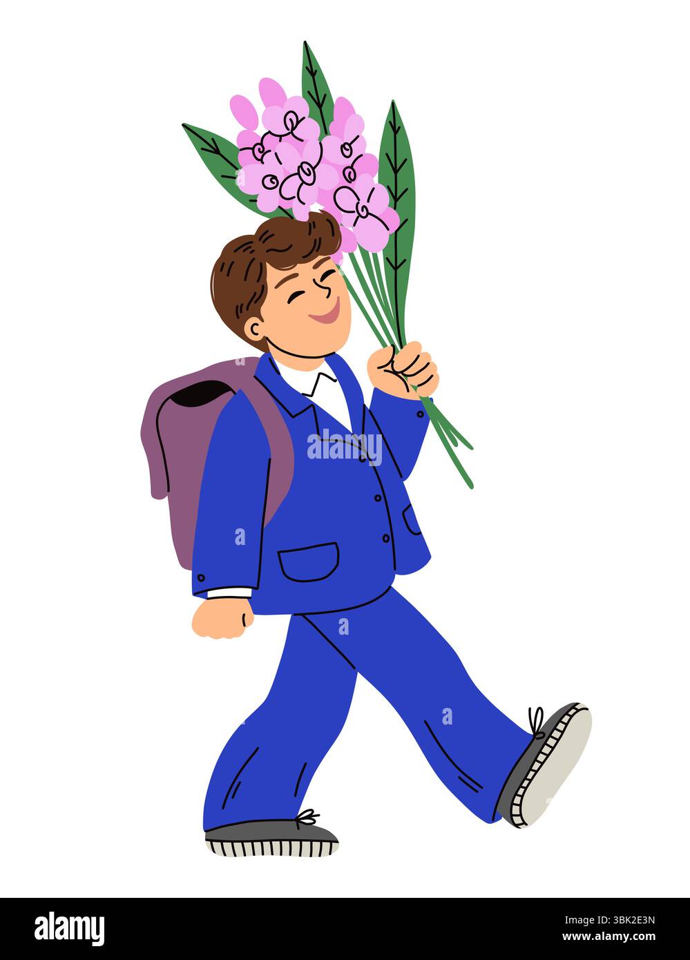 Schoolchild walking with a backpack and flowers Stock Vector