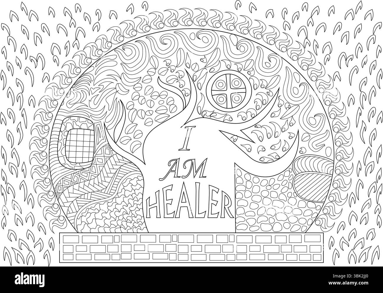 Intricate black and white line art illustration featuring the positive affirmation text 'I AM HEALER' centered within a detailed composition of abstra Stock Vector