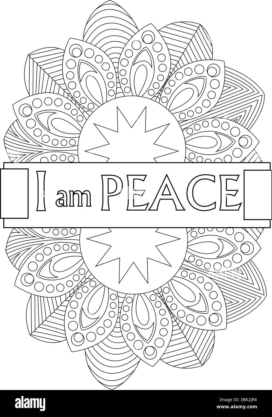 A black and white line art illustration featuring the affirmation 'I am PEACE' centered within an intricate mandala or geometric pattern. Ideal for co Stock Vector