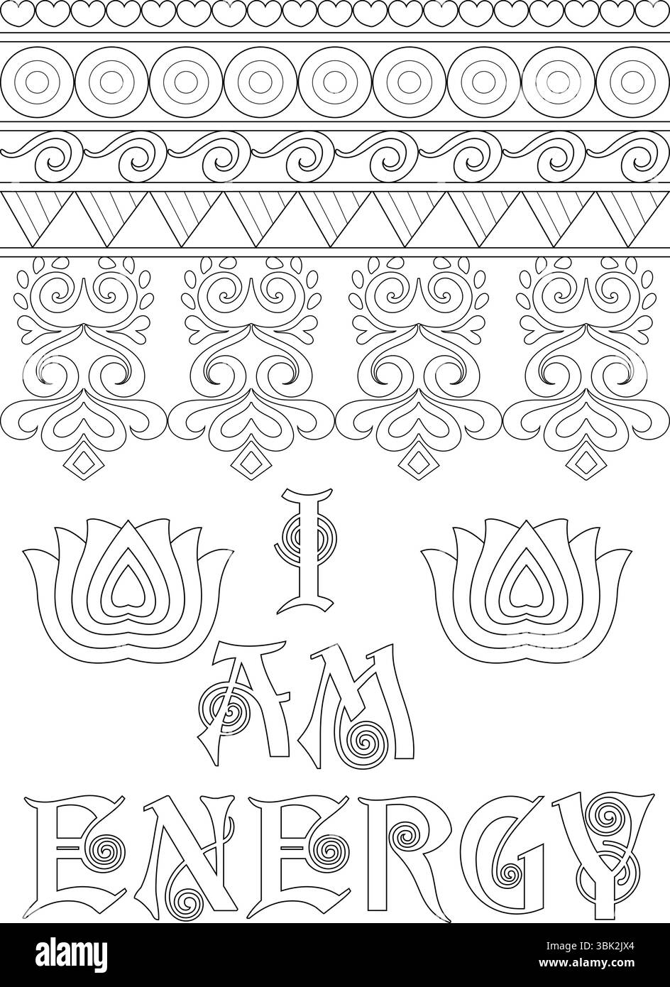 Black and white line art illustration featuring the positive affirmation 'I AM ENERGY' centered between decorative lotus flowers. The image includes i Stock Vector