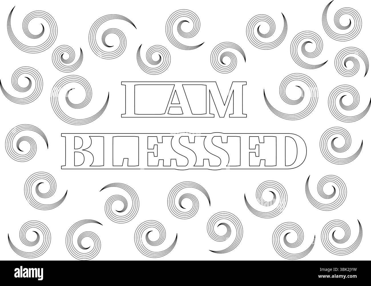 Black and white line art illustration featuring the positive affirmation text I AM BLESSED centered, surrounded by decorative swirling patterns. Ideal Stock Vector