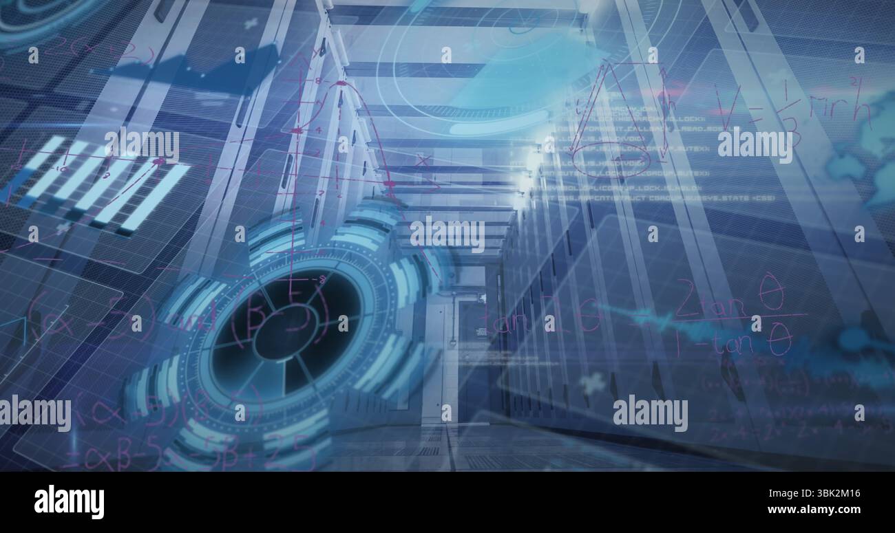 Displaying holographic interface floating inside data corridor, with server racks and LED lights Stock Photo
