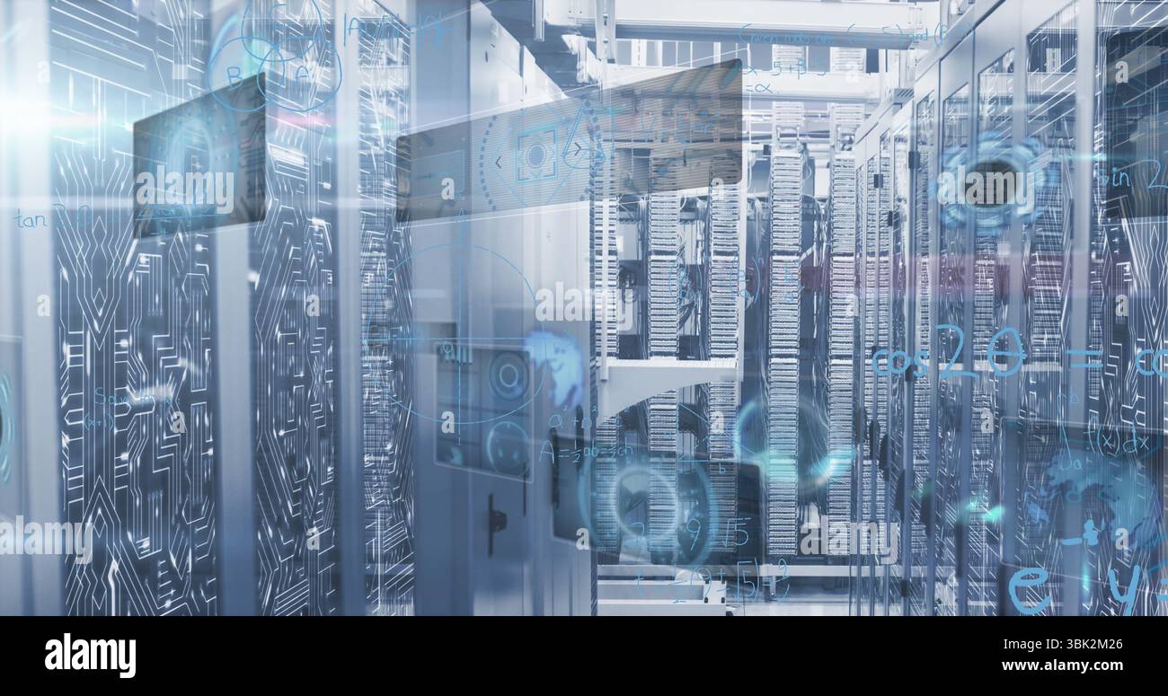 Displaying central server rack cabinets streaming circuit patterns, LED lights in center corridor Stock Photo