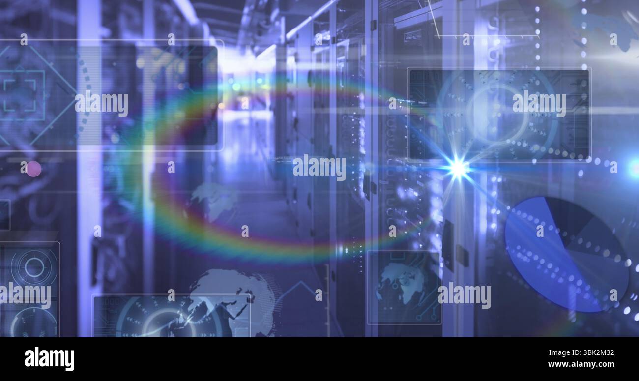 Glowing server cabinets forming narrow data center corridor, displaying holographic UI elements Stock Photo