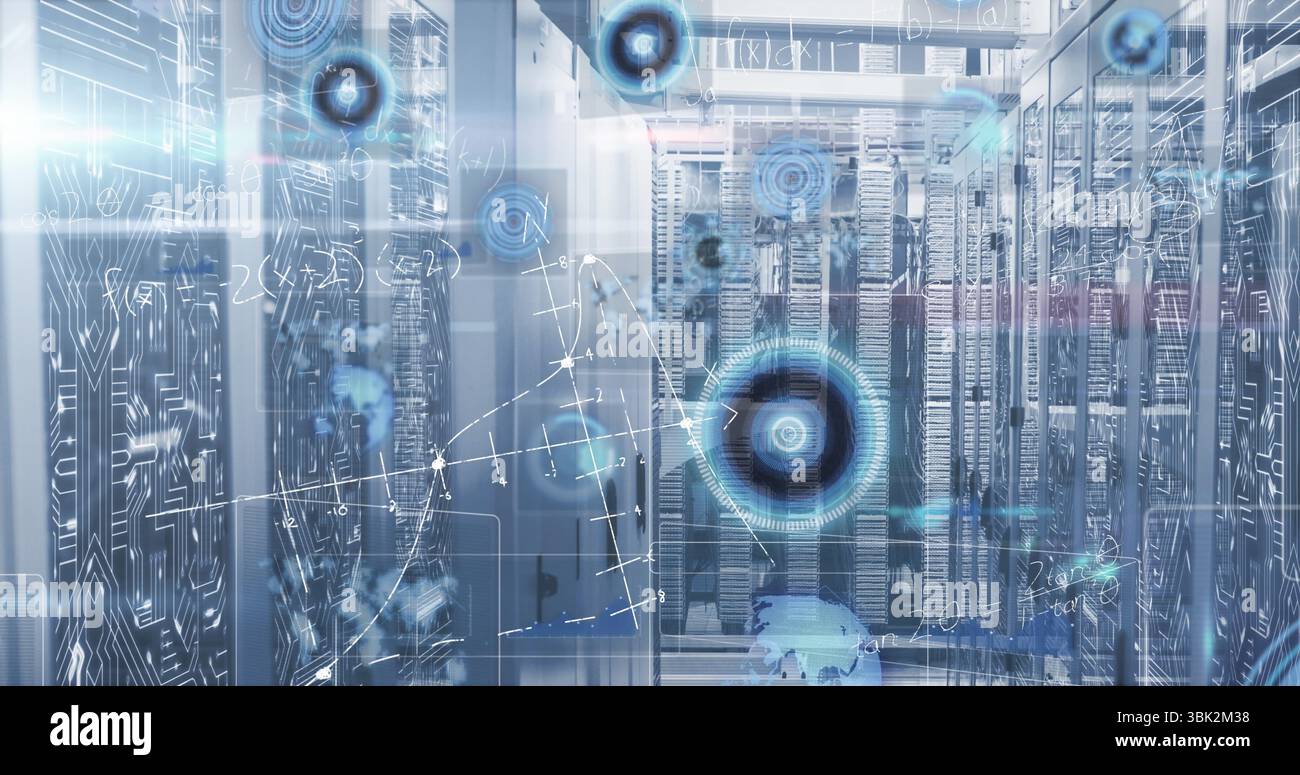 Showing central server racks streaming data graphs with blinking LEDs in data center, network nodes Stock Photo