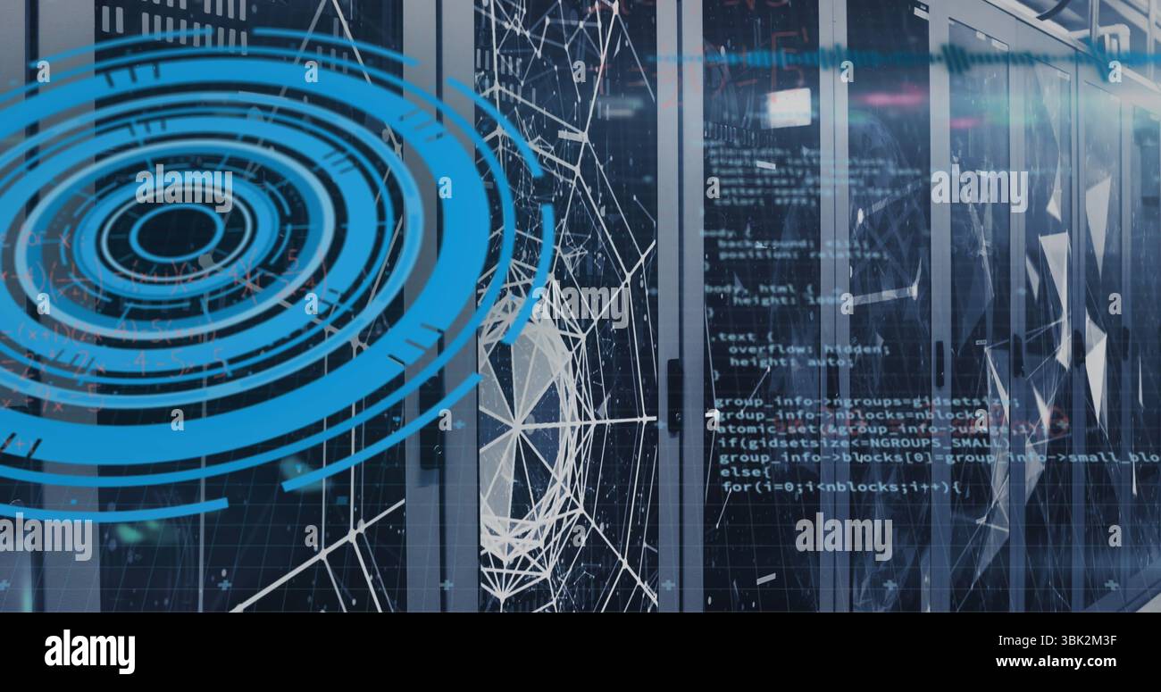 Featuring server rack displaying wireframe sphere in data center with blue circles and code Stock Photo