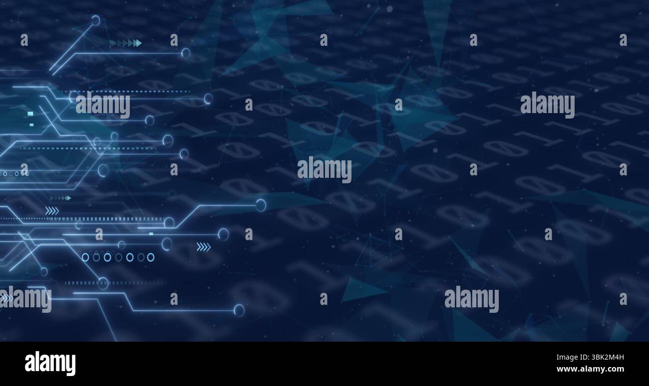 Displaying circuit graphic on left, with glowing pathways, nodes, binary mesh, speckles, copy space Stock Photo