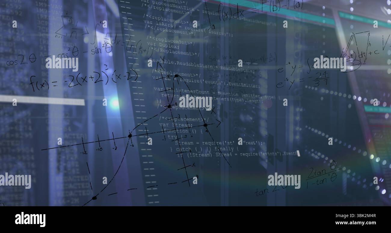 Displaying code snippets and math formulas overlaying server racks at data center with lens flare Stock Photo