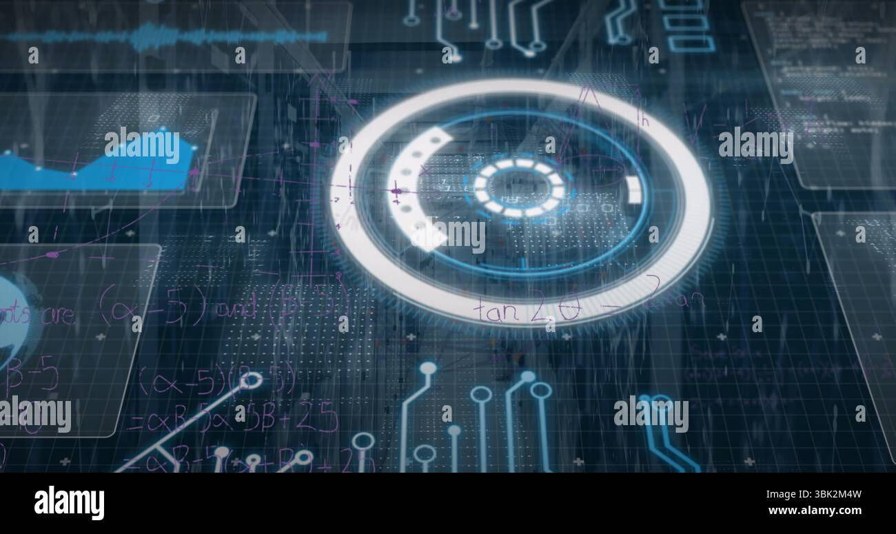 Displaying circular HUD on interface, showing graphs, waveforms, formulas, circuit and binary data Stock Photo