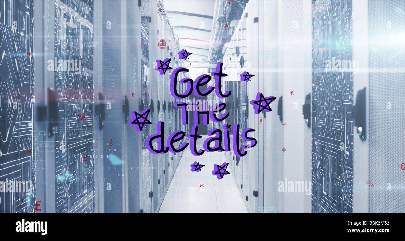 Blinking status LEDs illuminating racks, circuit doors in data center aisle, with floor, code lines Stock Photo