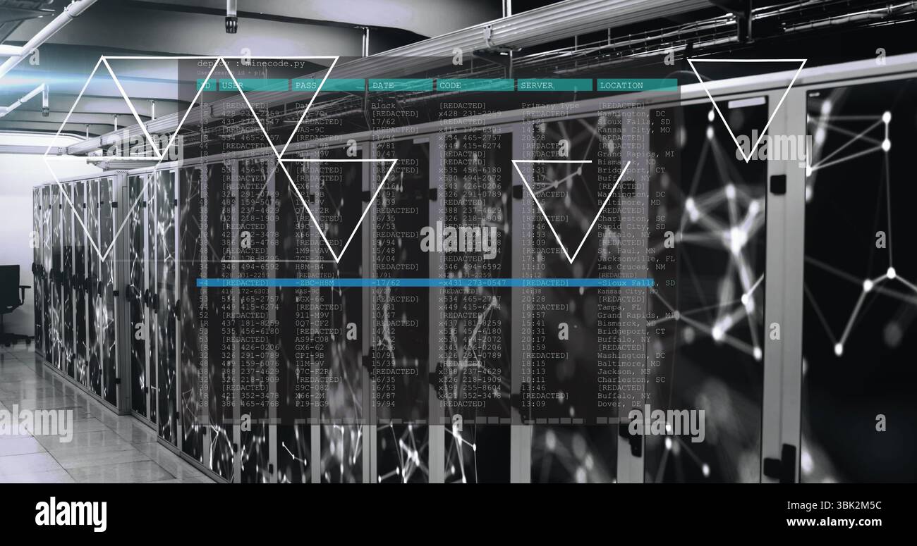 Displaying central server cabinets lining data center server room, showing LEDs and code overlay Stock Photo