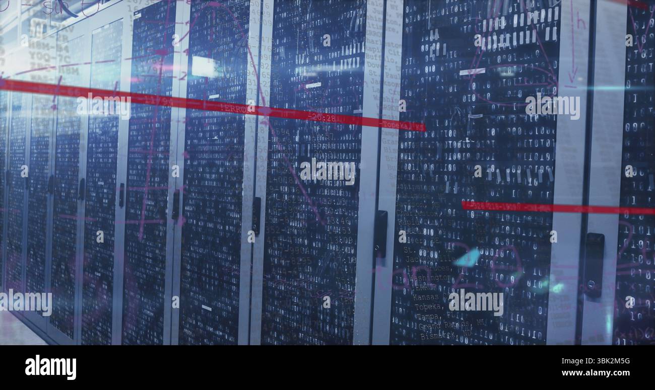 Displaying server cabinets revealing blinking LEDs and Ethernet cables at data center, flowing code Stock Photo