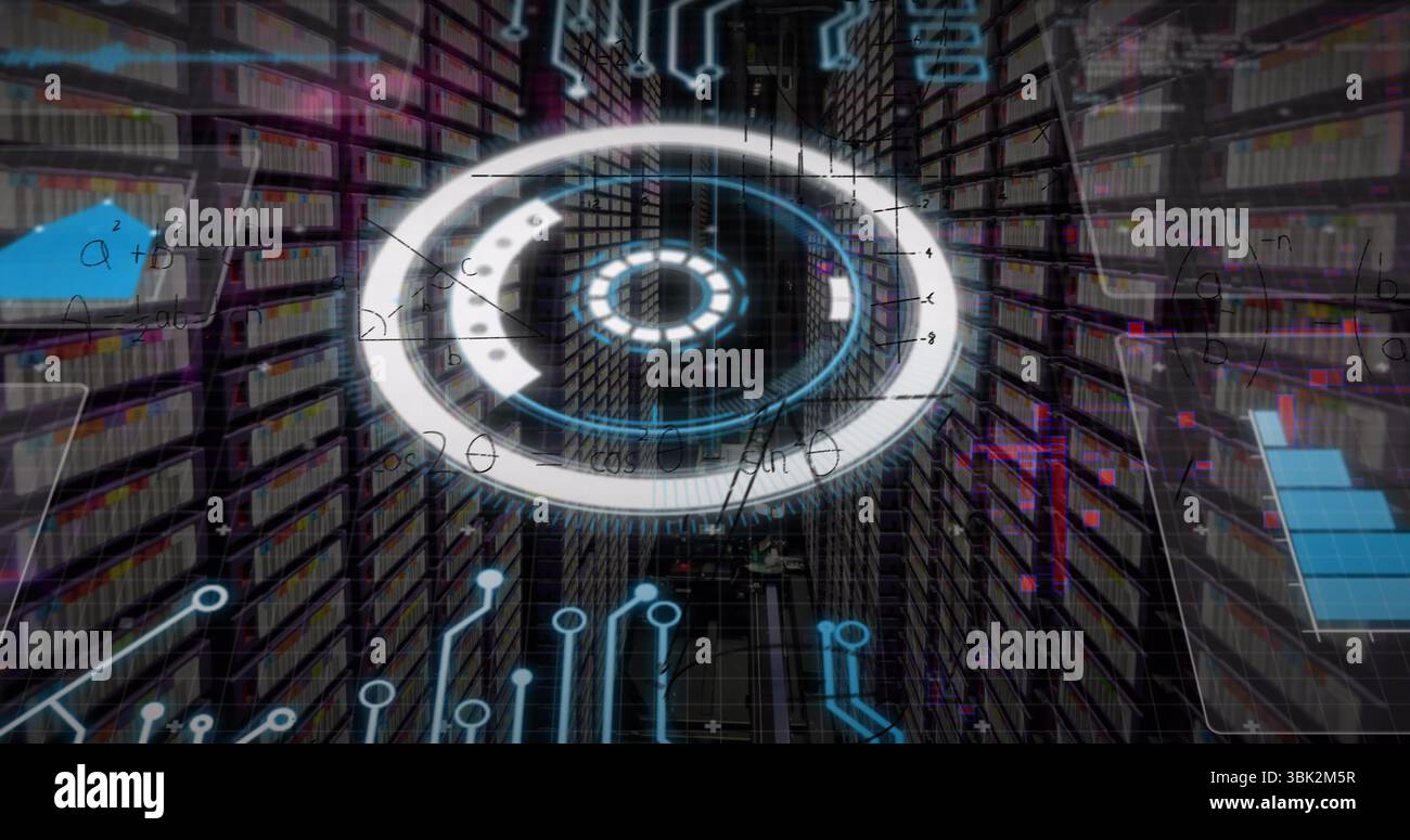 Hovering concentric holographic rings among server racks, showing math equations and data charts Stock Photo