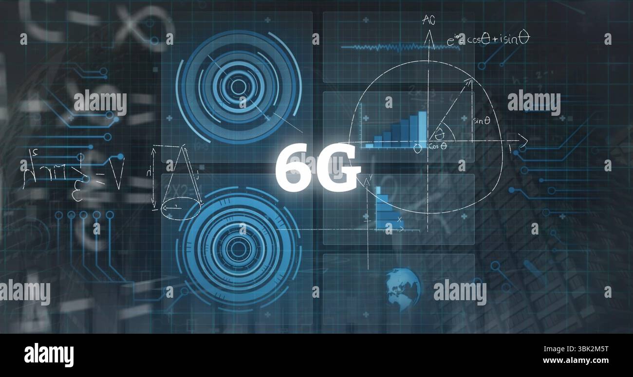 Displaying central 6G text on abstract interface scene, with HUD elements, translucent data panels Stock Photo