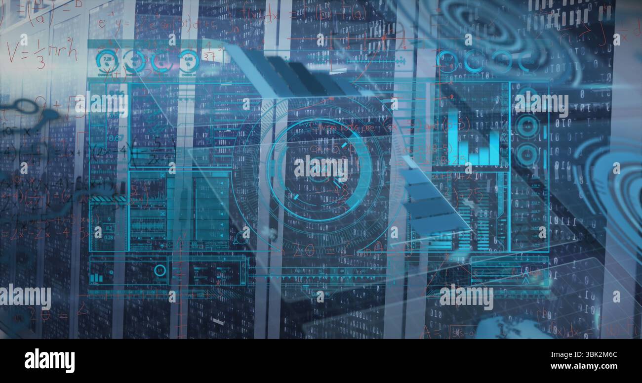 Featuring central server racks showing glowing data charts in server room, with cabling Stock Photo