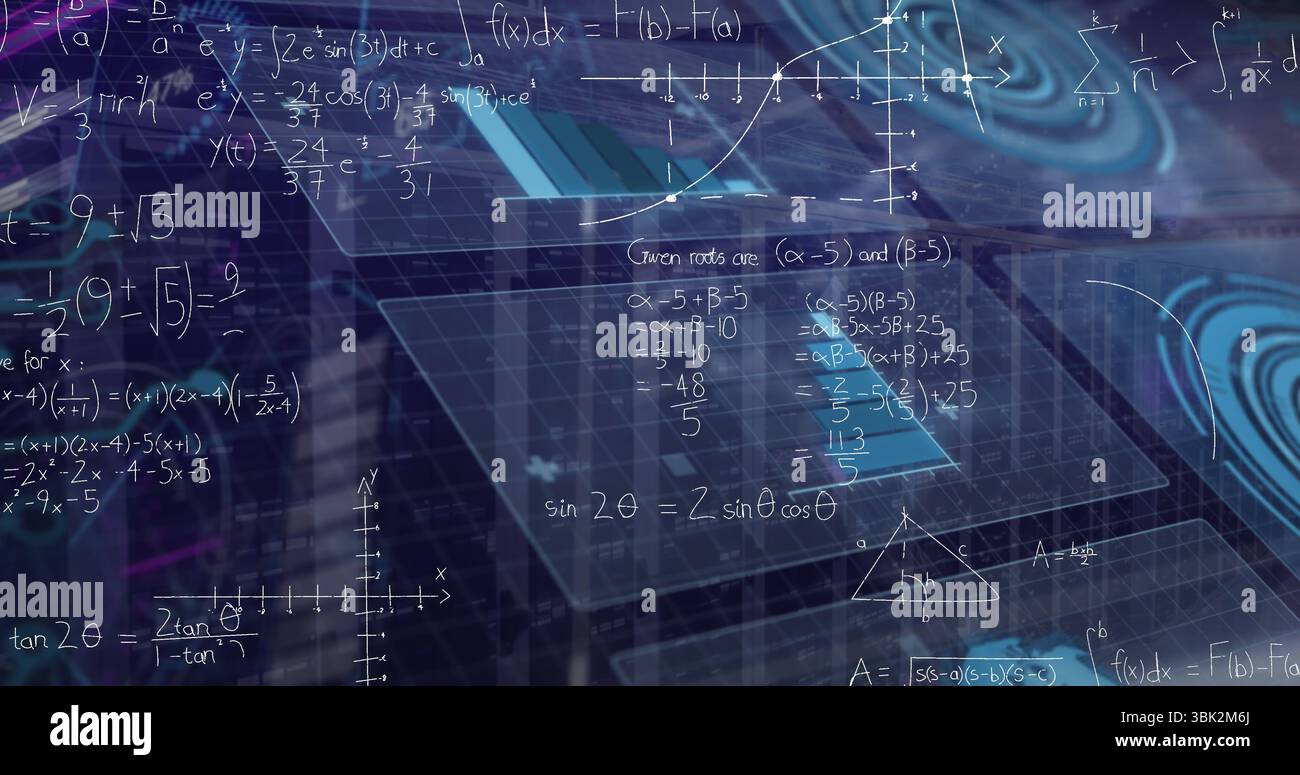 Floating translucent grid interface displaying math formulas, axes and ...