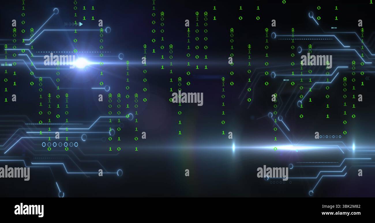 Displaying circuit traces merging with falling green binary digits on digital display, lens flares Stock Photo