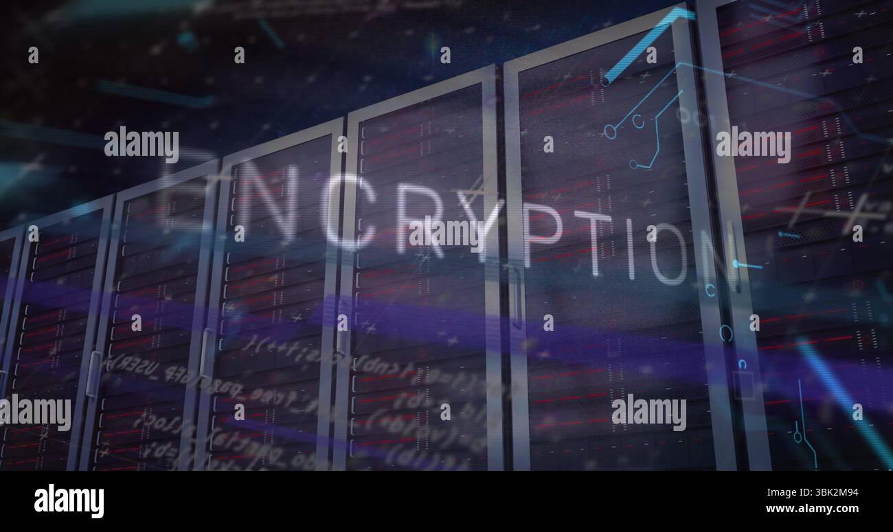 Displaying encryption graphics over core server racks in server room ...