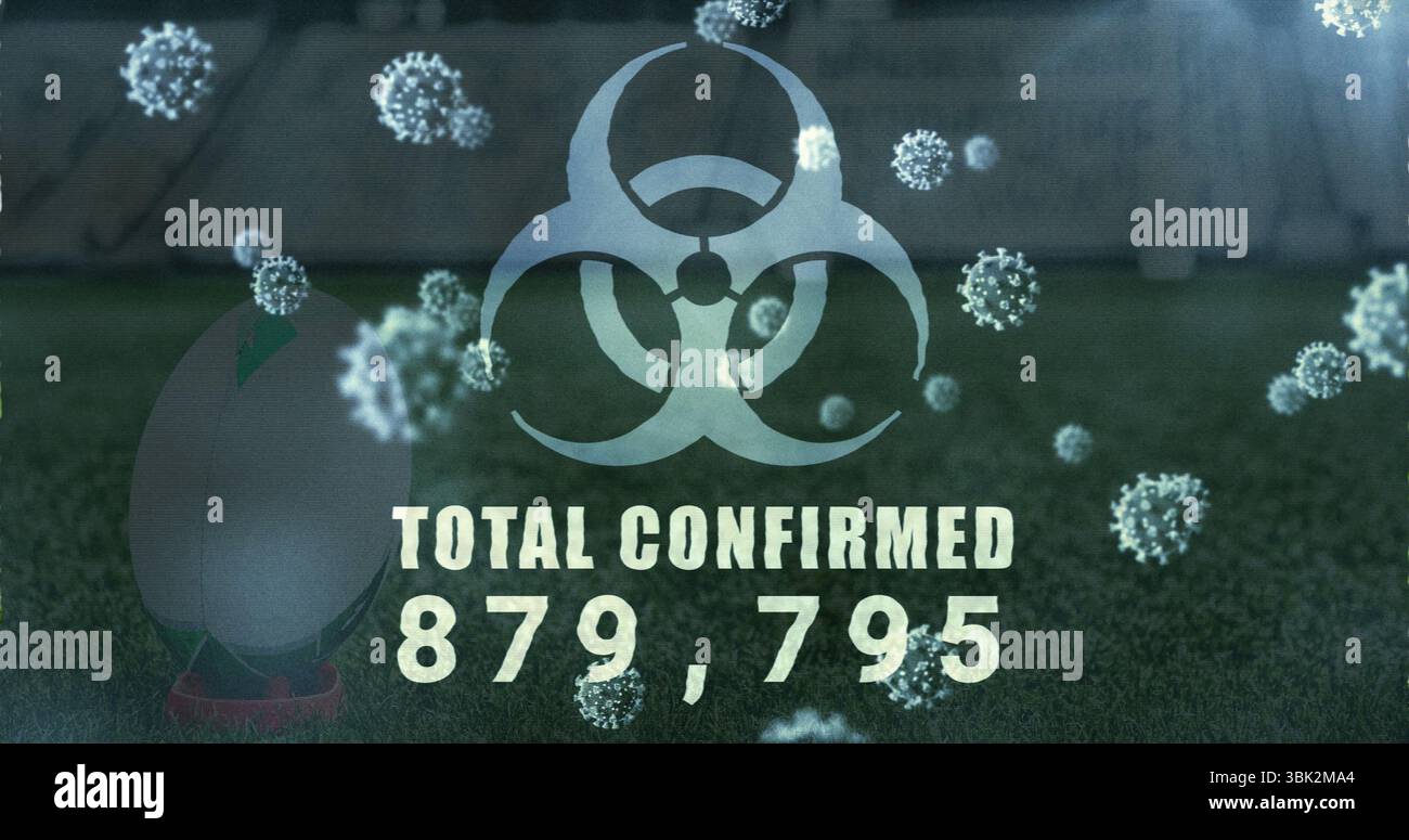 Displaying biohazard symbol with TOTAL CONFIRMED 879,795 on pitch with virus particles, teed ball Stock Photo