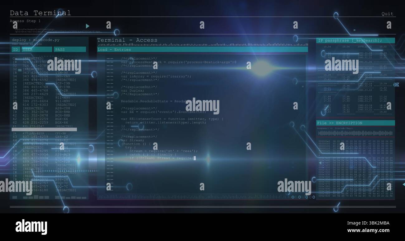 Showing central console running code in cyber hub with translucent data panels and glowing circuits Stock Photo