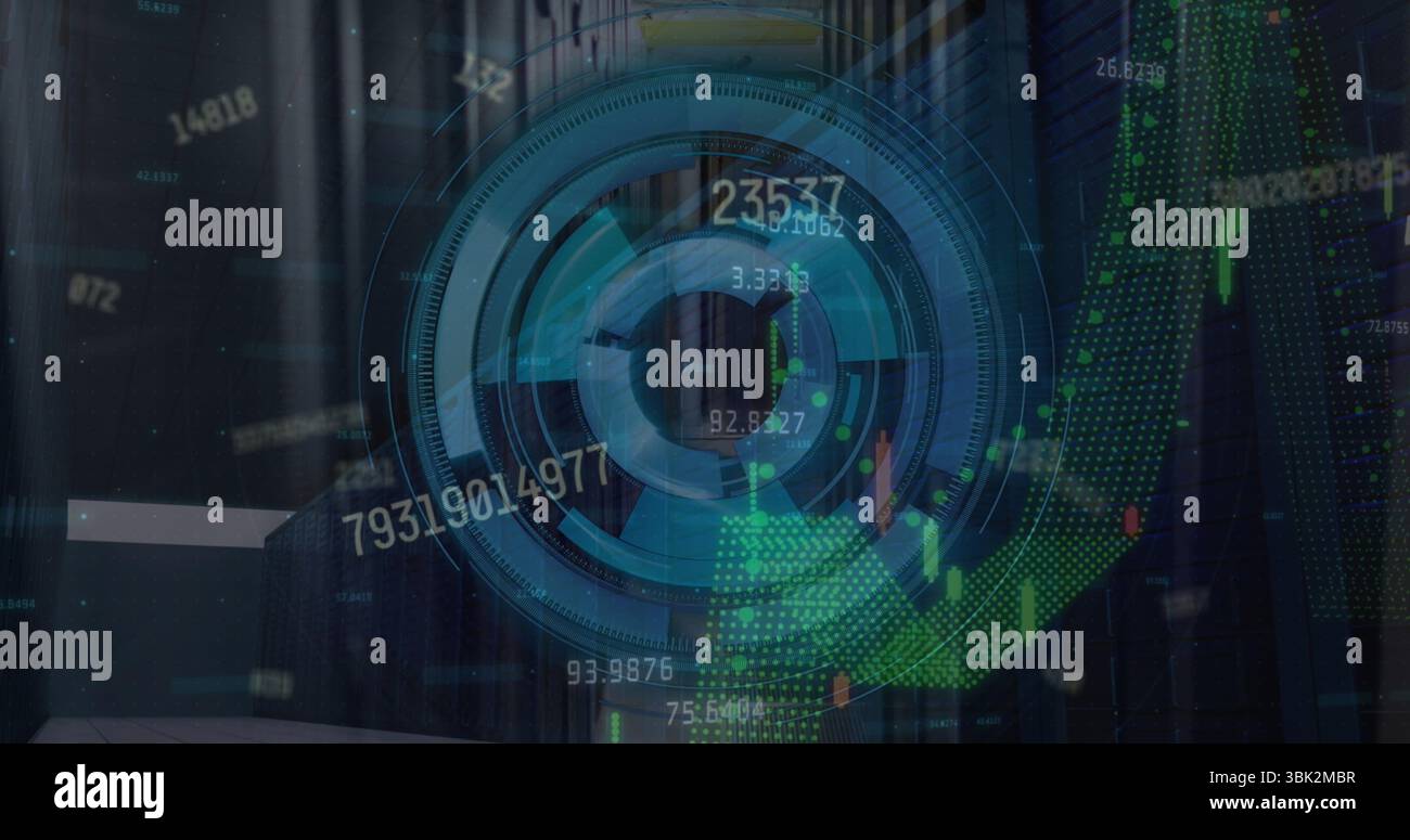 Showing circular HUD element floating in server room, with candlestick bars and line graphs Stock Photo